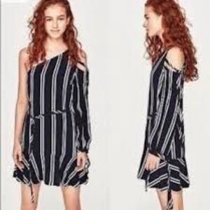 XS Zara One Sleeve Long Sleeve Dress Navy Blue and white striped.